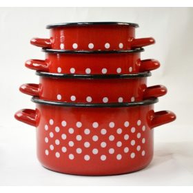 Family oală roșu email 4 piese set cu buline