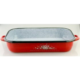   Family tepsi marmurăozott email roșu cu urechi m: 6,5cm sz: 22,5cm h:34,5cm