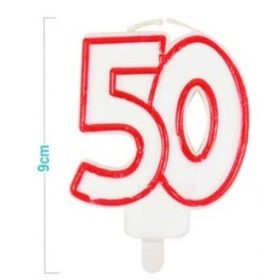   Family lumânare cifră "50" 9cm alb/roșu cu margine