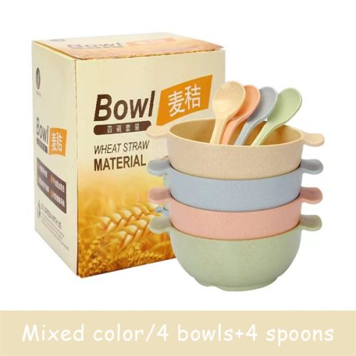 TOO KT-112-B vegyes színekben búzaszalma műanyag Baba tál/kanál készlet 4db, 15.5×12 cm