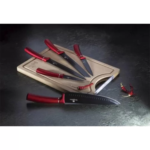 Berlinger Haus BH/2552NO bambusz vágódeszkával, Metallic Line Burgundy Edition 6 részes késkészlet