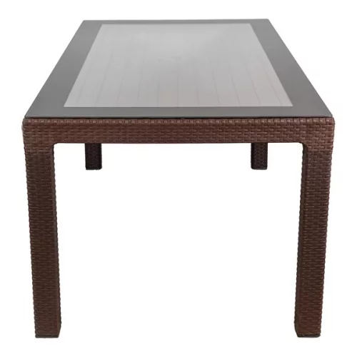 IRIS GF-220BR ECO barna műanyag kerti asztal rattan üveglappal 90x150cm