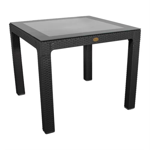 IRIS GF-820A ORIGINAL antracit műanyag kerti asztal rattan üveglappal 90x90cm