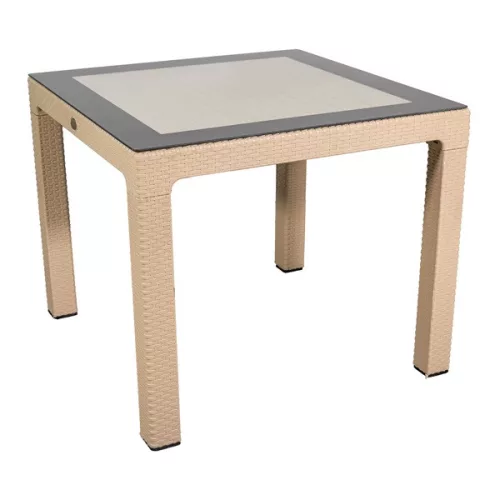 IRIS GF-820C ORIGINAL CAPPUCCINO műanyag kerti asztal rattan üveglappal 90x90cm