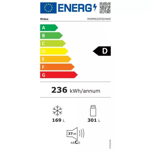 Midea MDRM632FGD46W inox, négyajtós, Hűtő:301L, Fagyasztó:169L, No frost hűtőszekrény