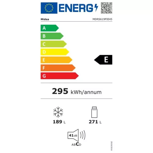 Midea MDRS619FIE45 inox, Side-by-side, Hűtő:271L, Fagyasztó:189L, No frost hűtőszekrény