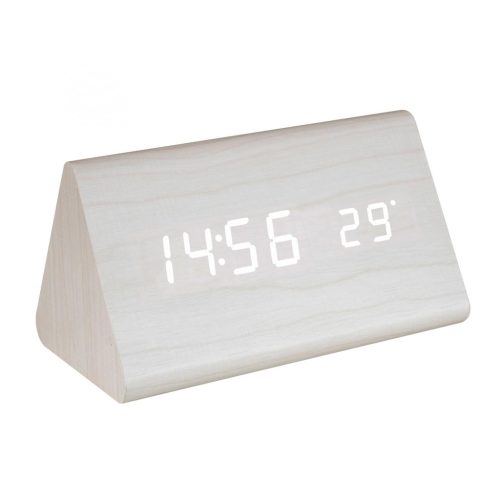 Digitális, LED ébresztőóra, fehér, fa