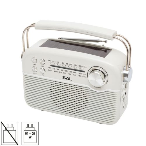SAL RPR9 napelemes rádió multimédia lejátszóval, FM-AM-SW rádió, Bluetooth, USB és microSD csatlakozás, beépített akkumulátor