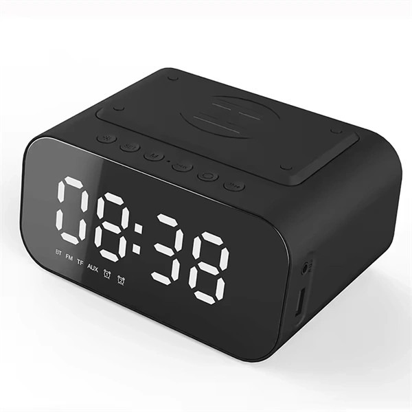 IRIS DC-110-B-Qi 15W Qi vezeték nélküli töltővel, FM rádió, BT speaker, hőmérséklet kijelzéssel fekete digitális óra